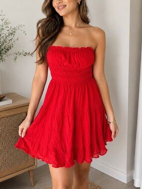 Ruched Strapless Red Mini Dress - Women